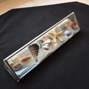 Beveled Glass Prism Triangle Curiosity Box with Shells Sand 8 inch long